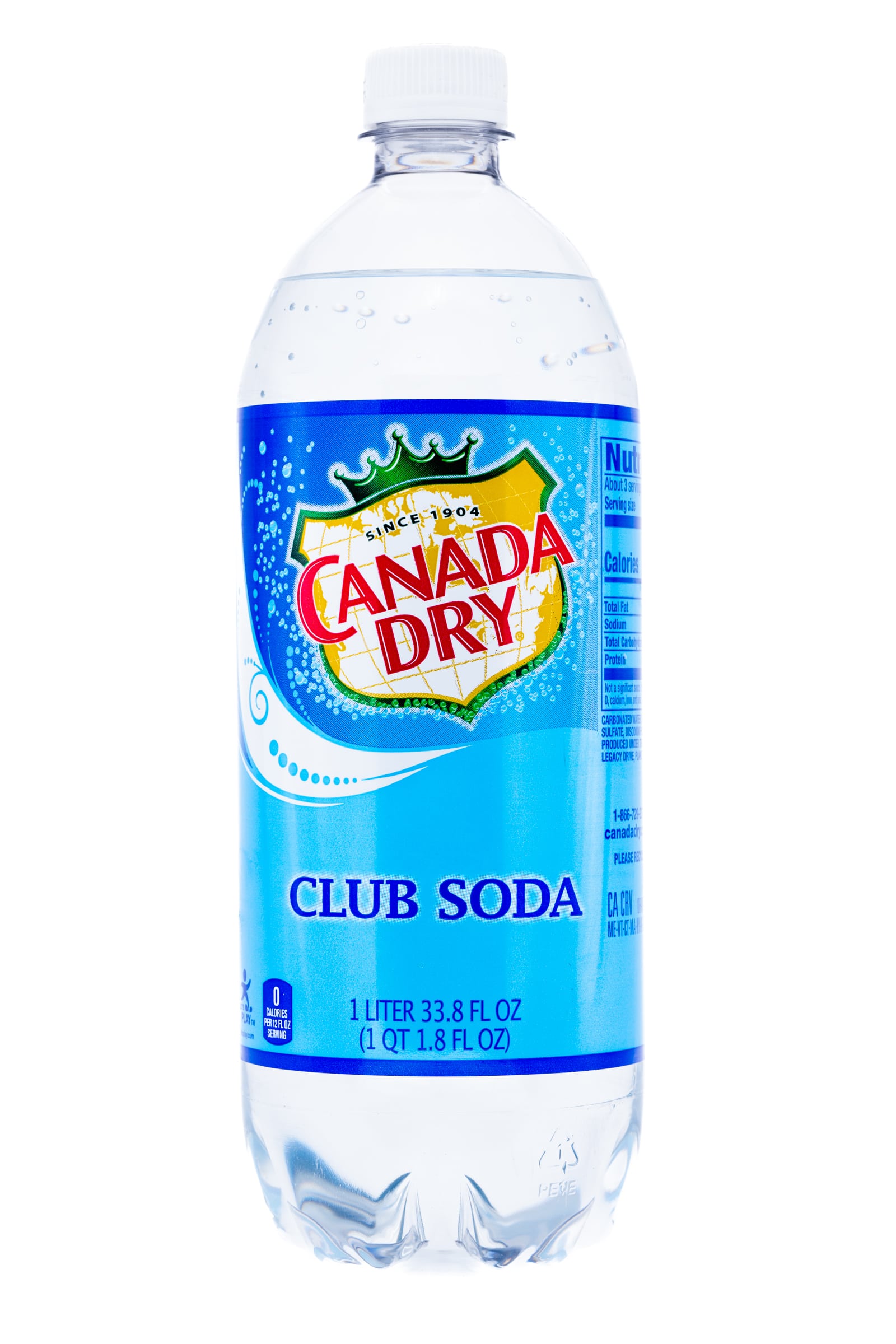 Club soda bottle on white background.